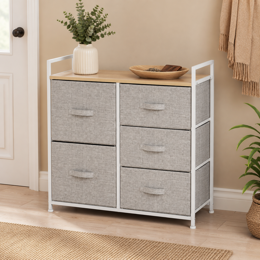 Linen Drawer Unit 5-Drawer Steel Frame – Particle Board & Linen, Grey, 83 × 29 × 77 cm