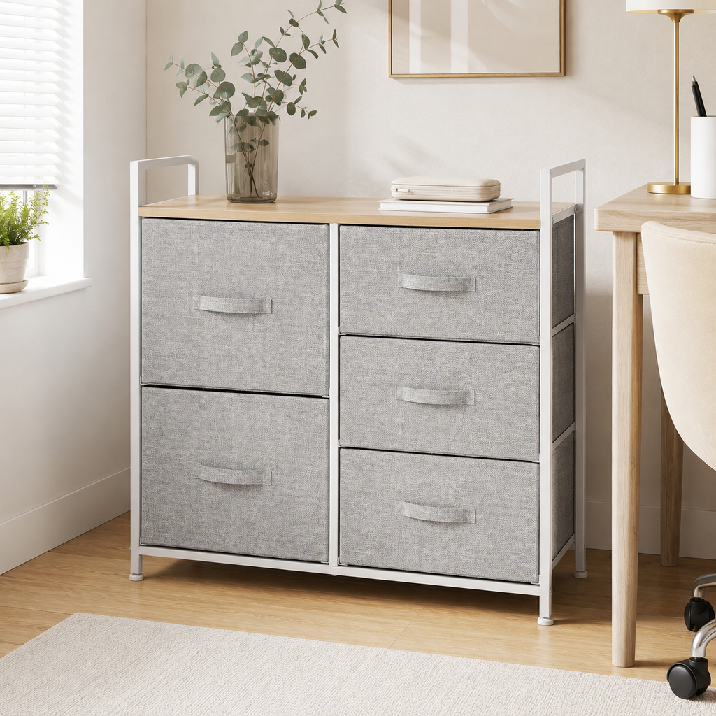 Linen Drawer Unit 5-Drawer Steel Frame – Particle Board & Linen, Grey, 83 × 29 × 77 cm