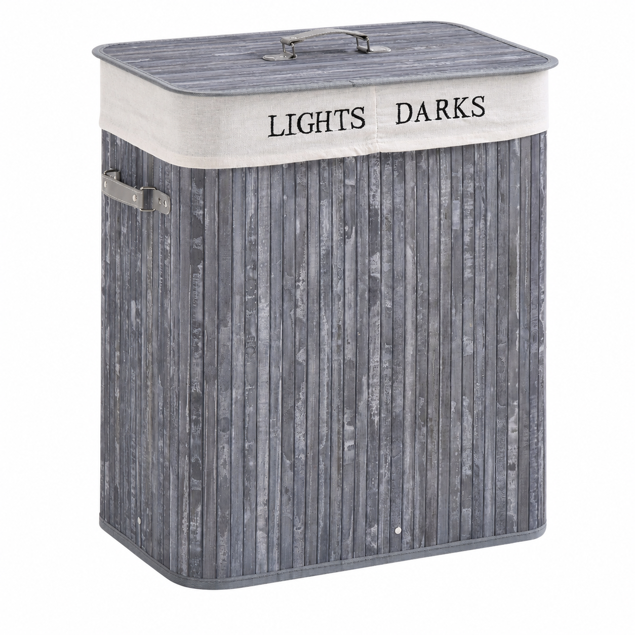 Laundry Hamper 100L Collapsible with Lid – Natural Wood & Canvas, Grey, 52 × 32 × 63 cm
