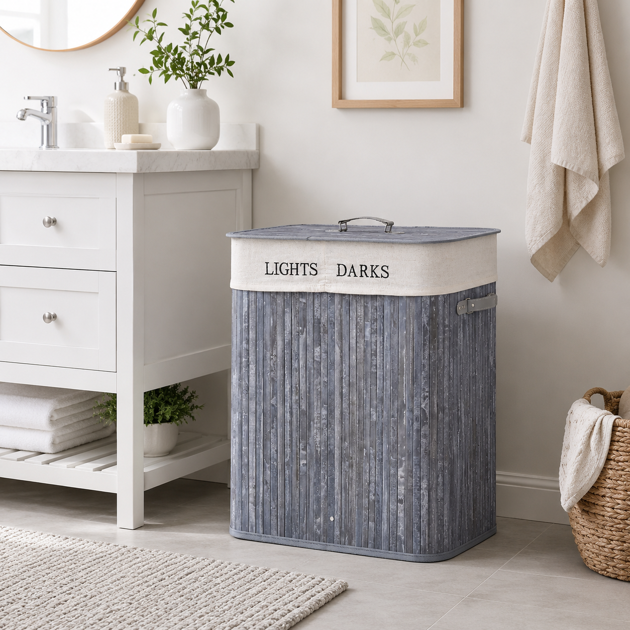 Laundry Hamper 100L Collapsible with Lid – Natural Wood & Canvas, Grey, 52 × 32 × 63 cm