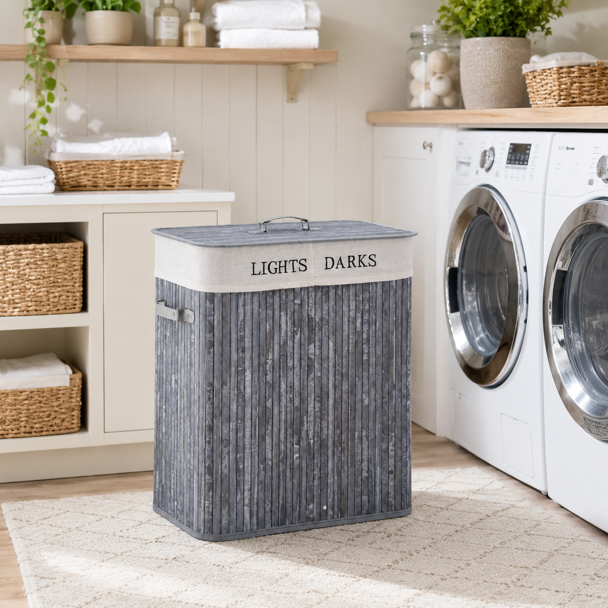 Laundry Hamper 100L Collapsible with Lid – Natural Wood & Canvas, Grey, 52 × 32 × 63 cm