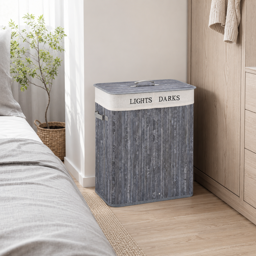 Laundry Hamper 100L Collapsible with Lid – Natural Wood & Canvas, Grey, 52 × 32 × 63 cm