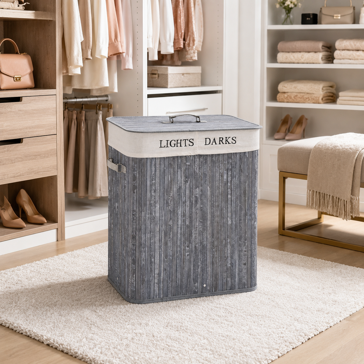 Laundry Hamper 100L Collapsible with Lid – Natural Wood & Canvas, Grey, 52 × 32 × 63 cm