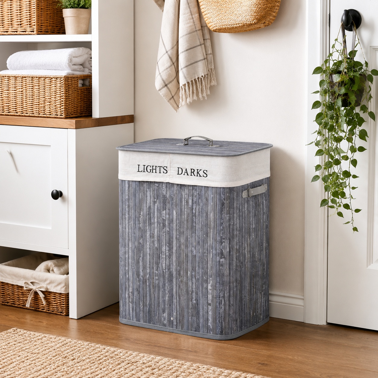 Laundry Hamper 100L Collapsible with Lid – Natural Wood & Canvas, Grey, 52 × 32 × 63 cm