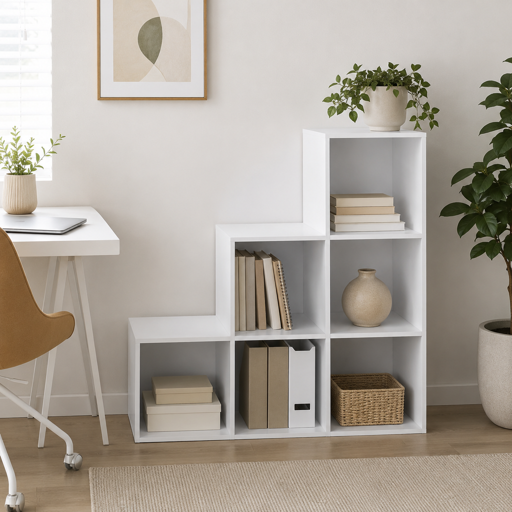 6-Cube Storage Unit (3×2 Step Design) – Particle Board, White, 91.5×29.5×91.5cm