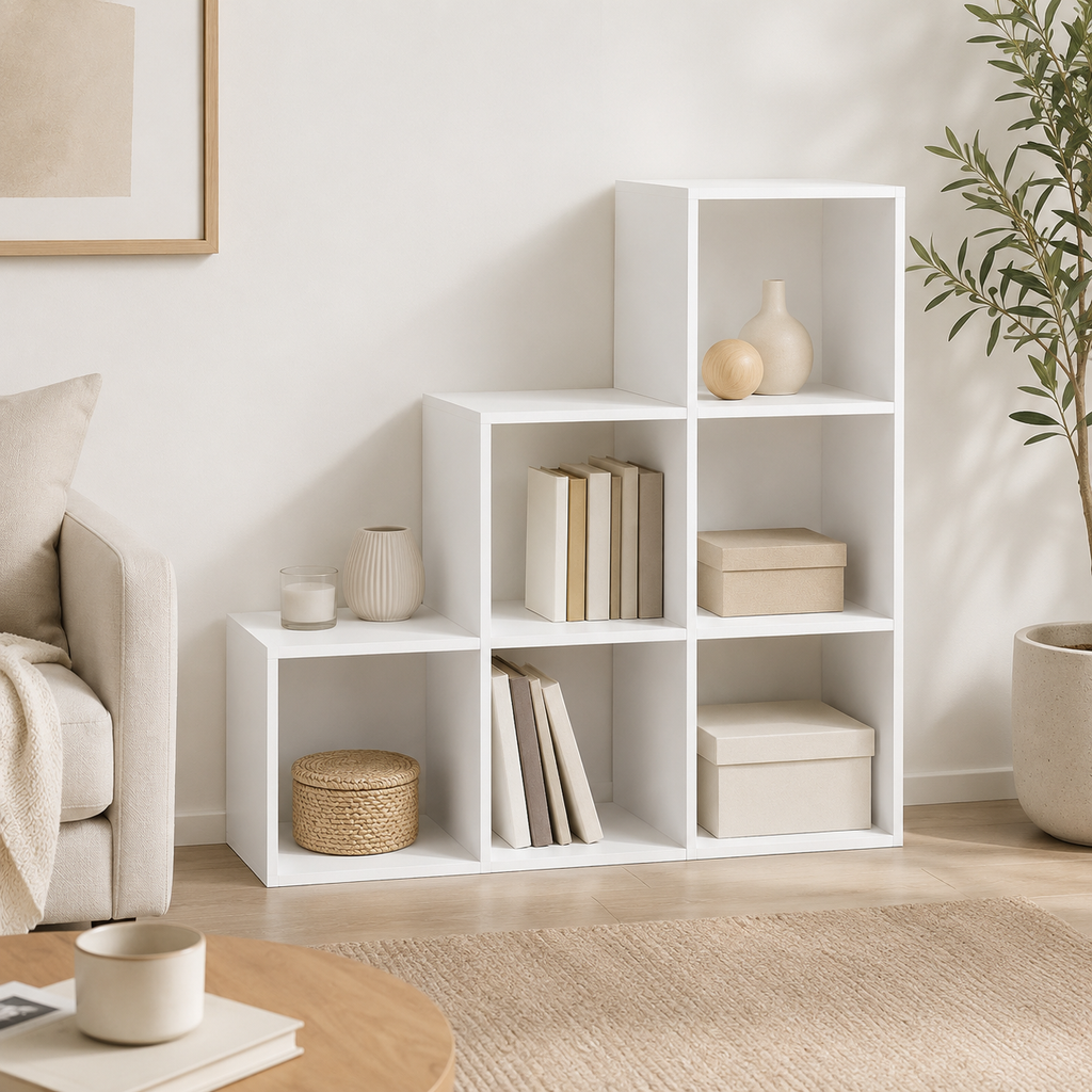 6-Cube Storage Unit (3×2 Step Design) – Particle Board, White, 91.5×29.5×91.5cm