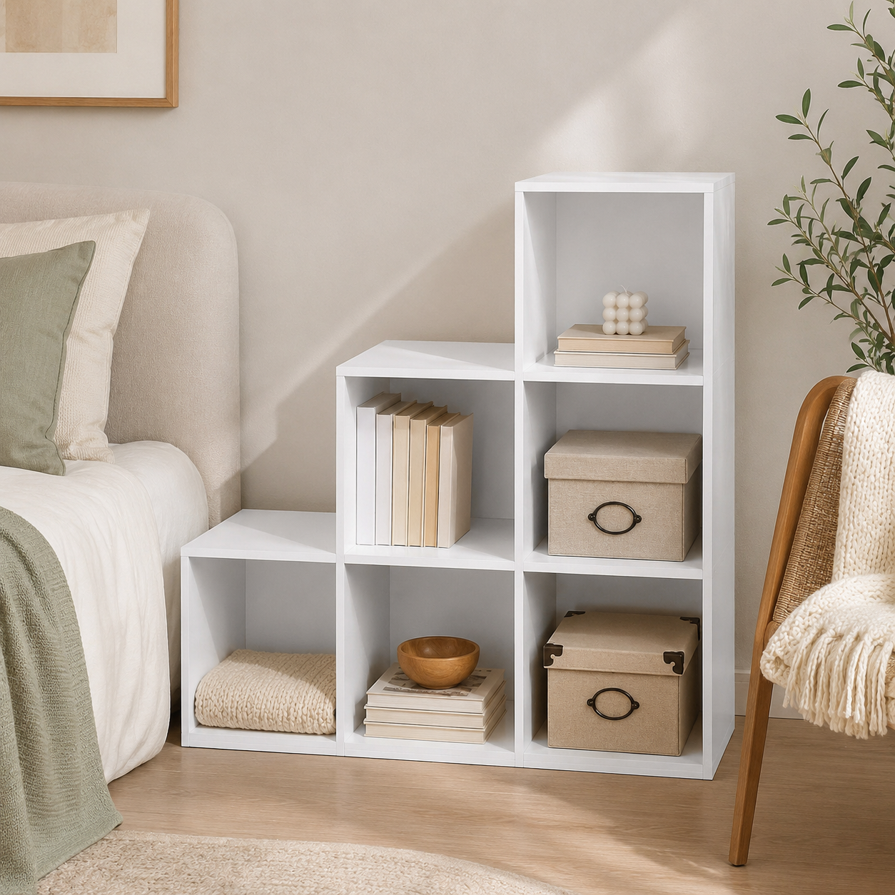 6-Cube Storage Unit (3×2 Step Design) – Particle Board, White, 91.5×29.5×91.5cm