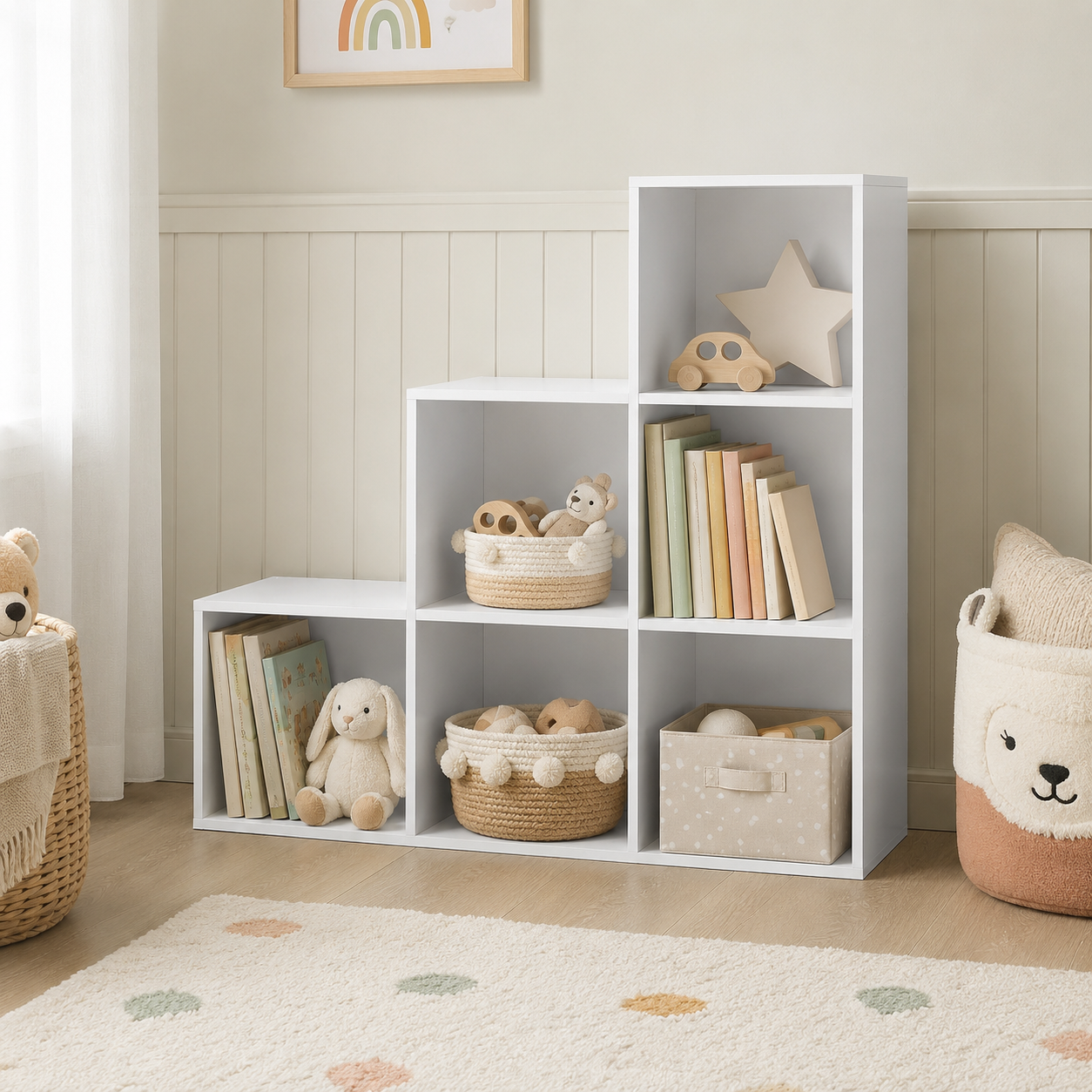 6-Cube Storage Unit (3×2 Step Design) – Particle Board, White, 91.5×29.5×91.5cm