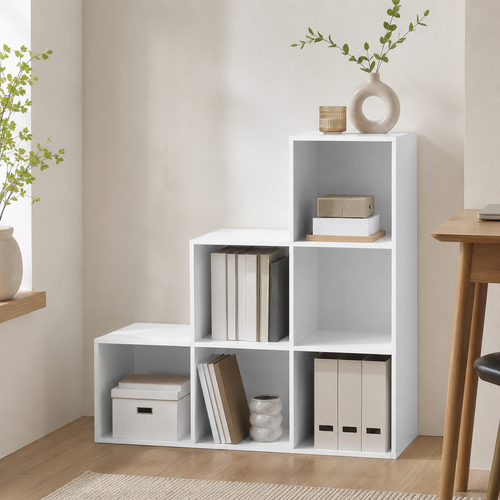6-Cube Storage Unit (3×2 Step Design) – Particle Board, White, 91.5×29.5×91.5cm