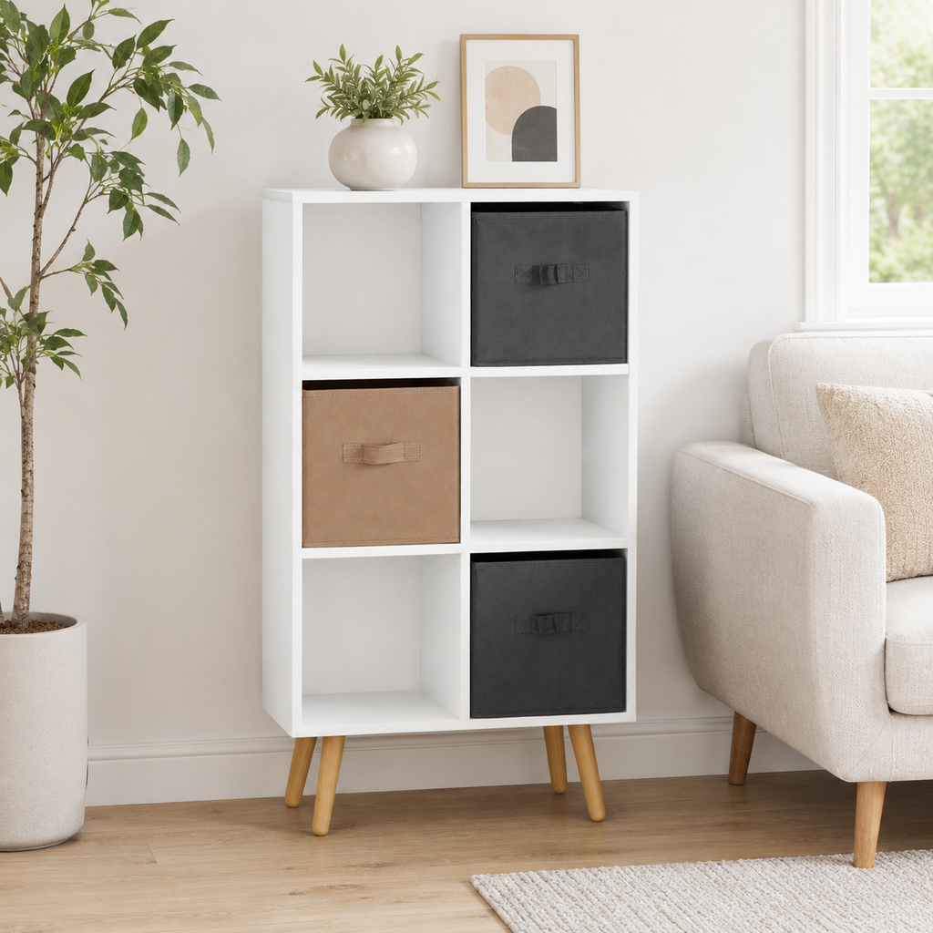 6-Cube Storage Unit with 3 Fabric Drawers – Particle Board, White, 54.5×24×95cm