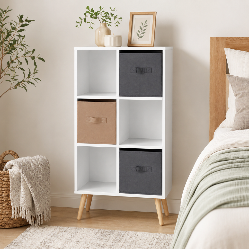 6-Cube Storage Unit with 3 Fabric Drawers – Particle Board, White, 54.5×24×95cm