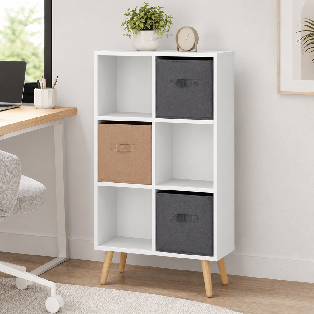 6-Cube Storage Unit with 3 Fabric Drawers – Particle Board, White, 54.5×24×95cm