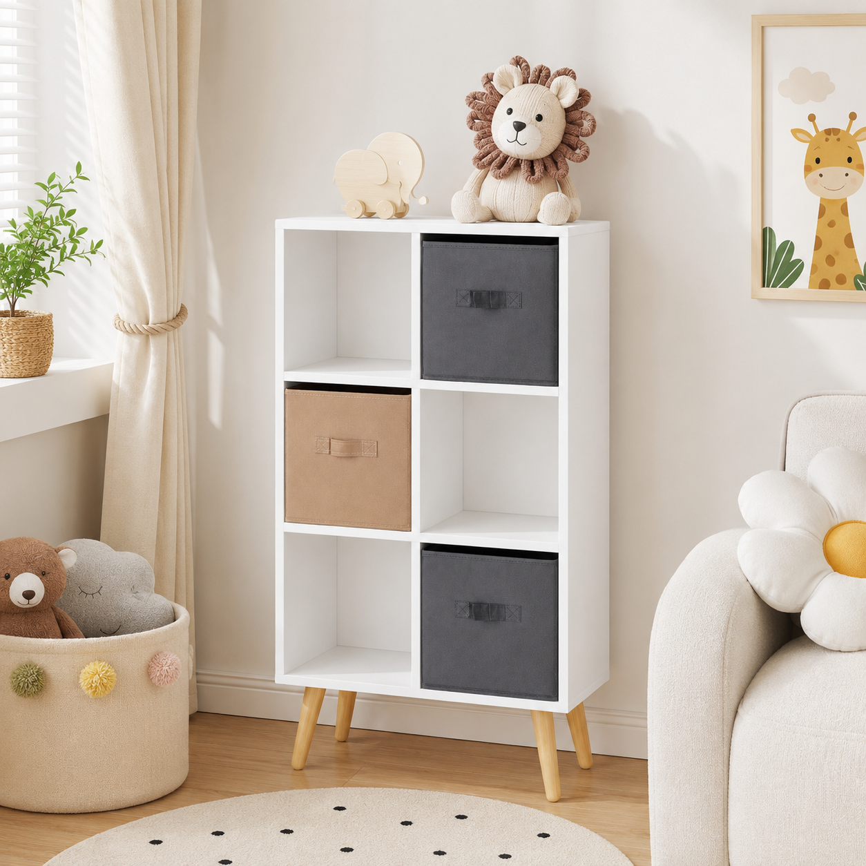 6-Cube Storage Unit with 3 Fabric Drawers – Particle Board, White, 54.5×24×95cm