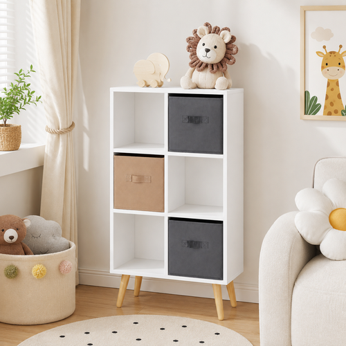 6-Cube Storage Unit with 3 Fabric Drawers – Particle Board, White, 54.5×24×95cm