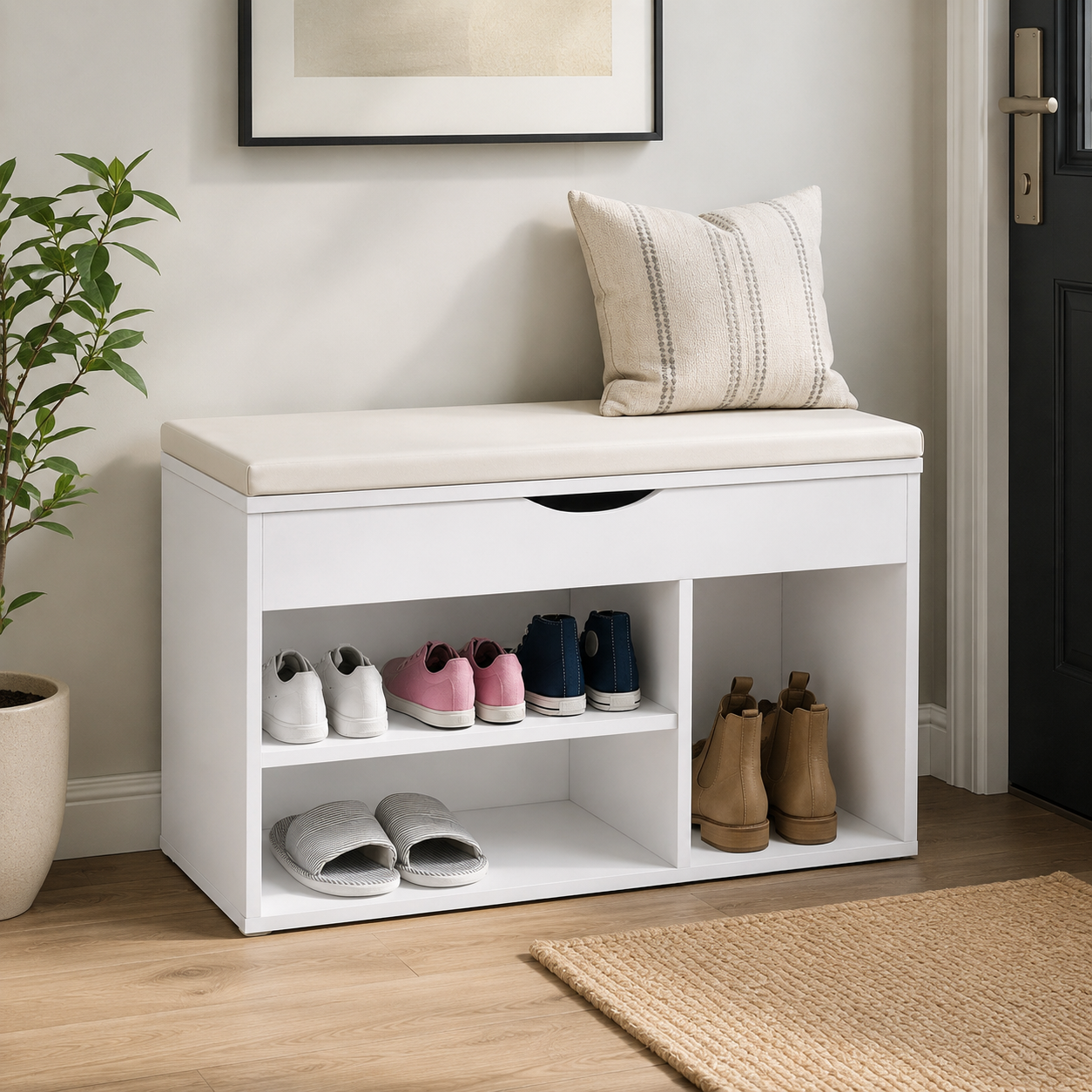 Shoe Storage Bench – Padded Seat & Hidden Compartment, White, 80×47cm