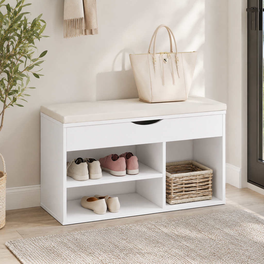 Shoe Storage Bench – Padded Seat & Hidden Compartment, White, 80×47cm