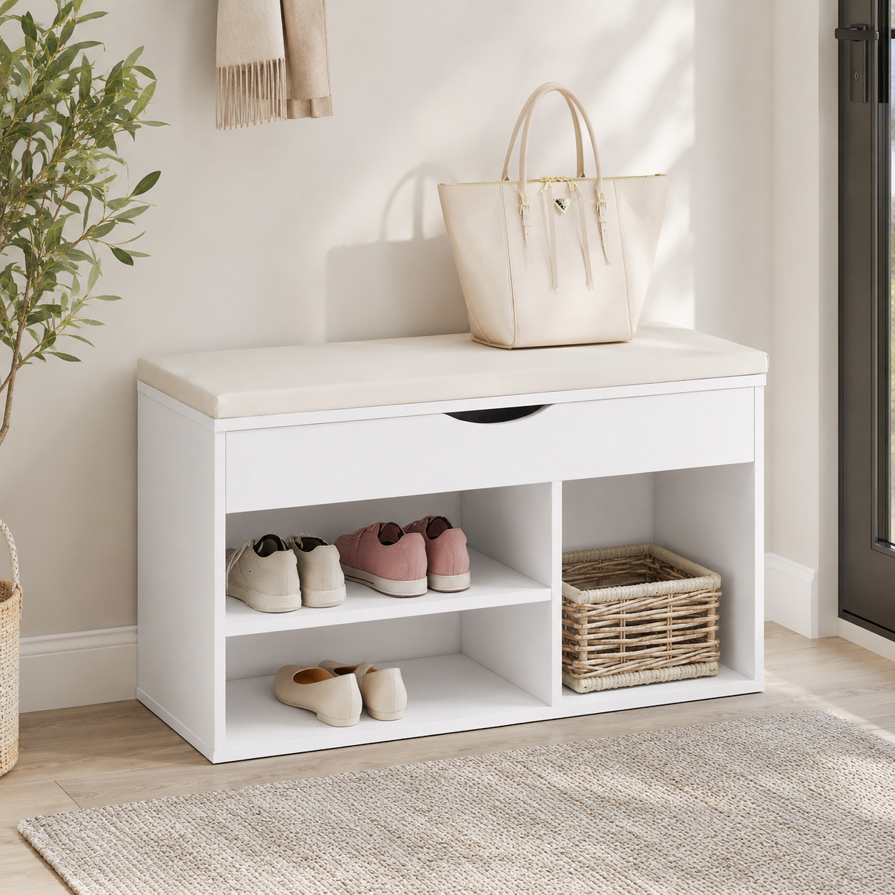 Shoe Storage Bench – Padded Seat & Hidden Compartment, White, 80×47cm