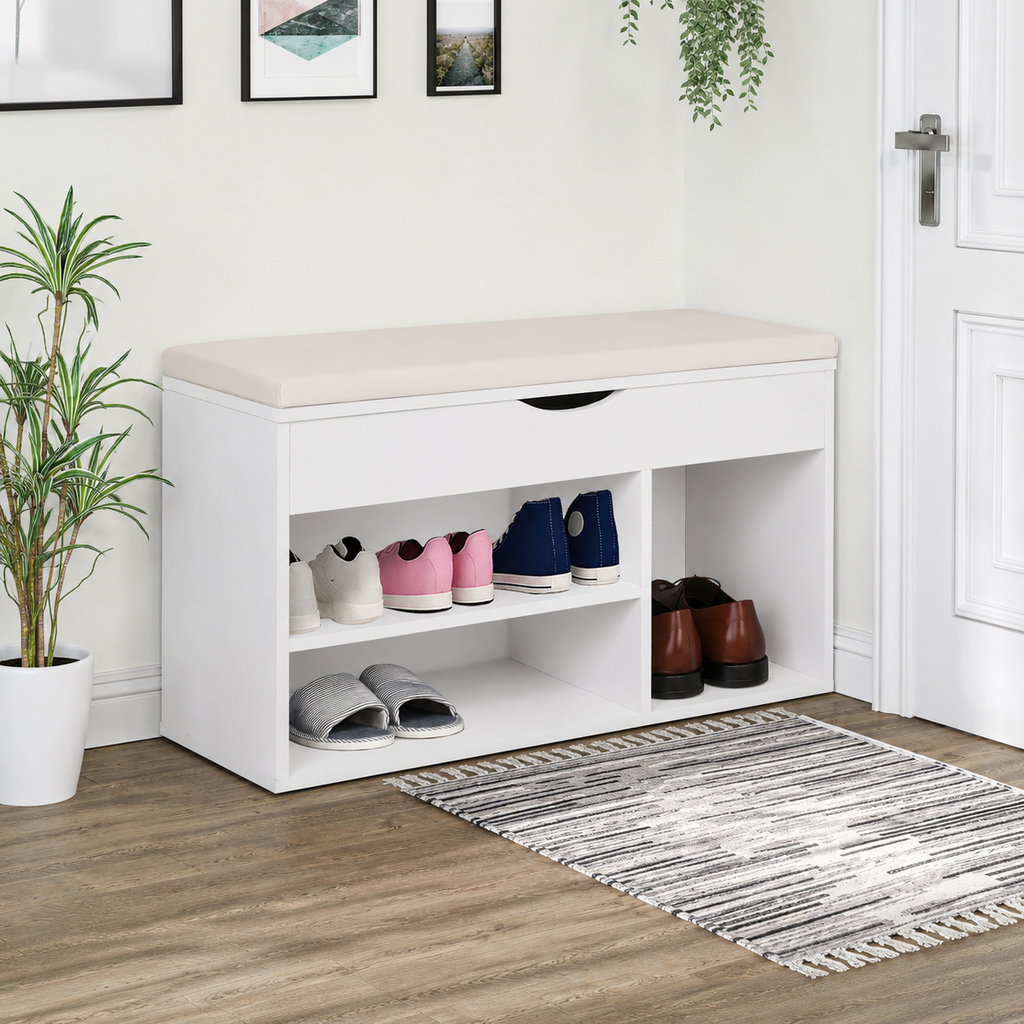 Shoe Storage Bench – Padded Seat & Hidden Compartment, White, 80×47cm