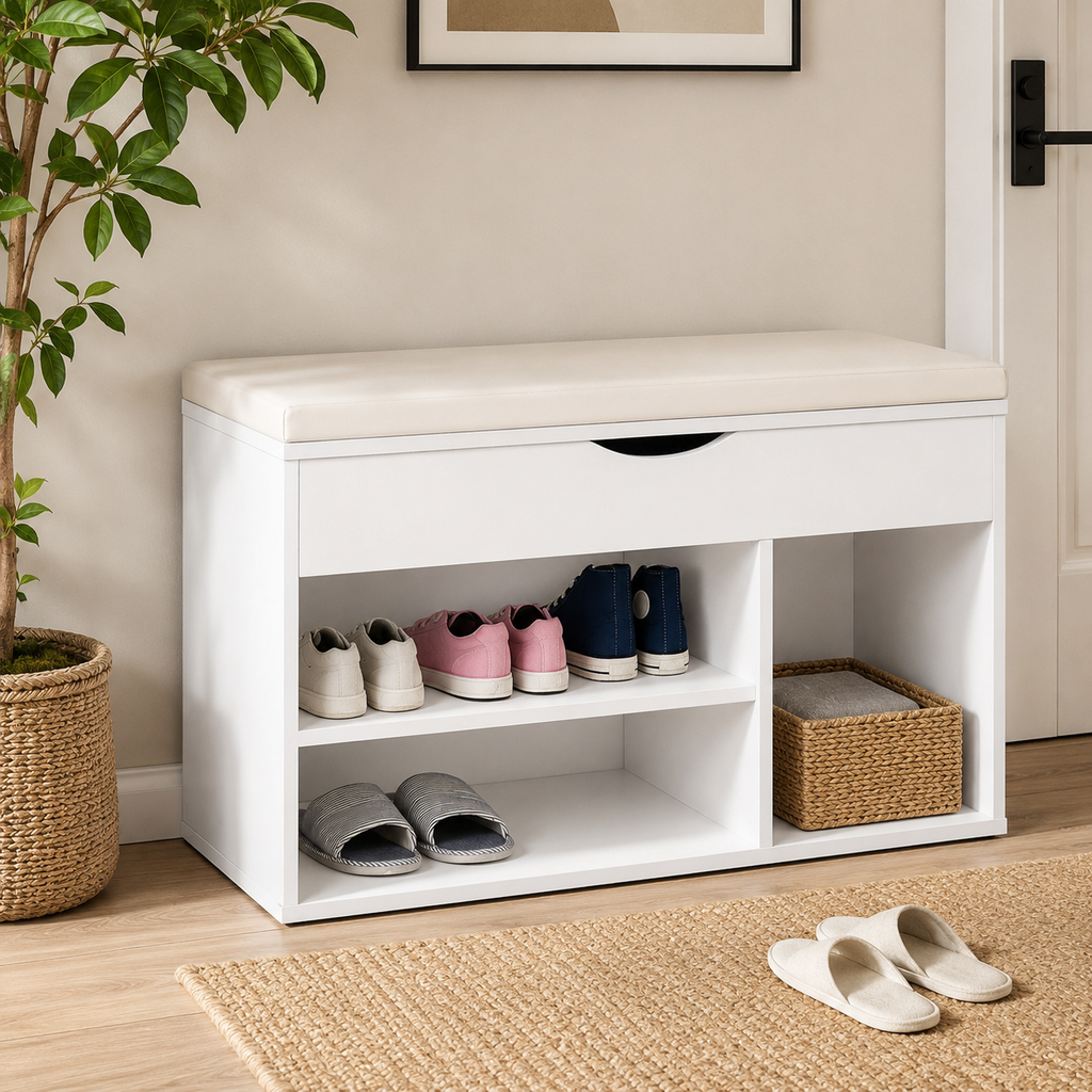 Shoe Storage Bench – Padded Seat & Hidden Compartment, White, 80×47cm