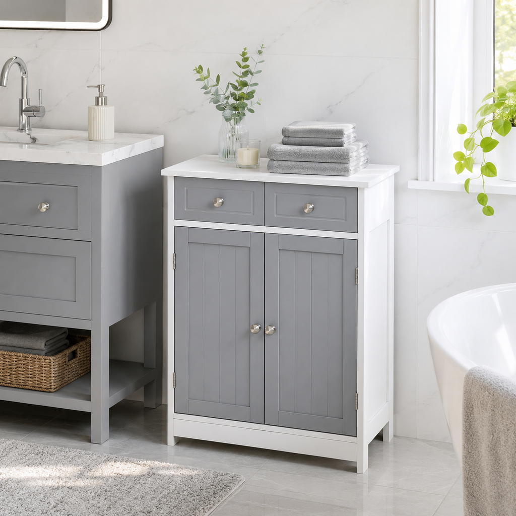 Bathroom Storage Cabinet – Kleankin, 2 Drawers & Cupboard, Grey, 75×60cm