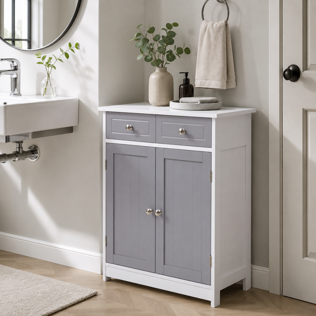 Bathroom Storage Cabinet – Kleankin, 2 Drawers & Cupboard, Grey, 75×60cm