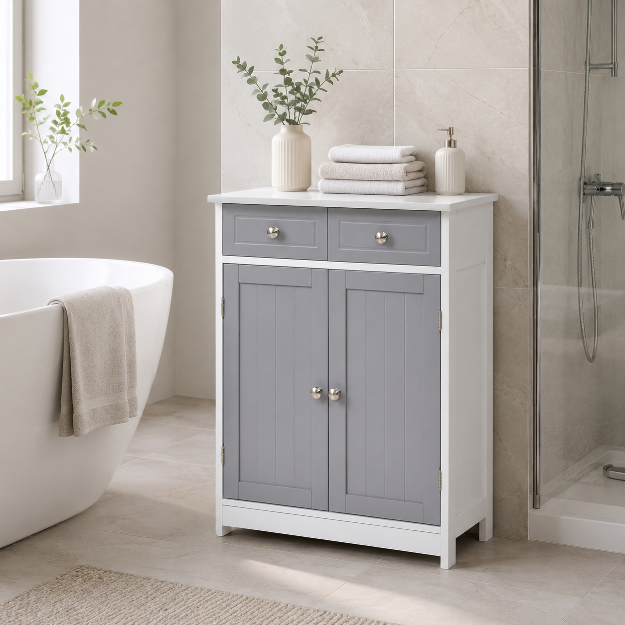 Bathroom Storage Cabinet – Kleankin, 2 Drawers & Cupboard, Grey, 75×60cm