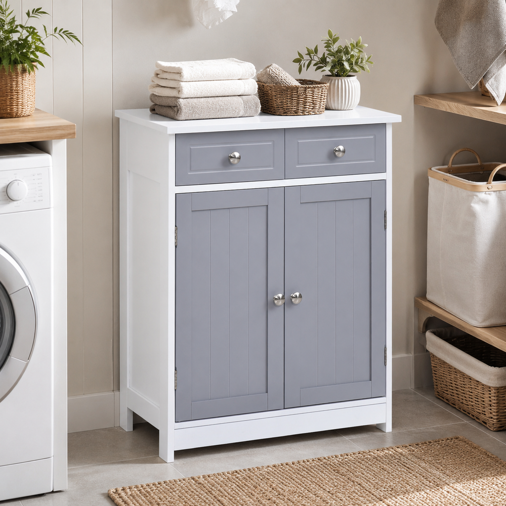 Bathroom Storage Cabinet – Kleankin, 2 Drawers & Cupboard, Grey, 75×60cm