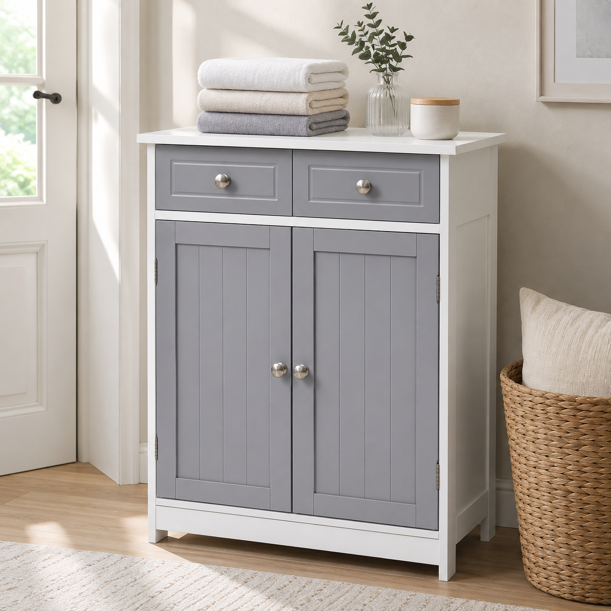 Bathroom Storage Cabinet – Kleankin, 2 Drawers & Cupboard, Grey, 75×60cm