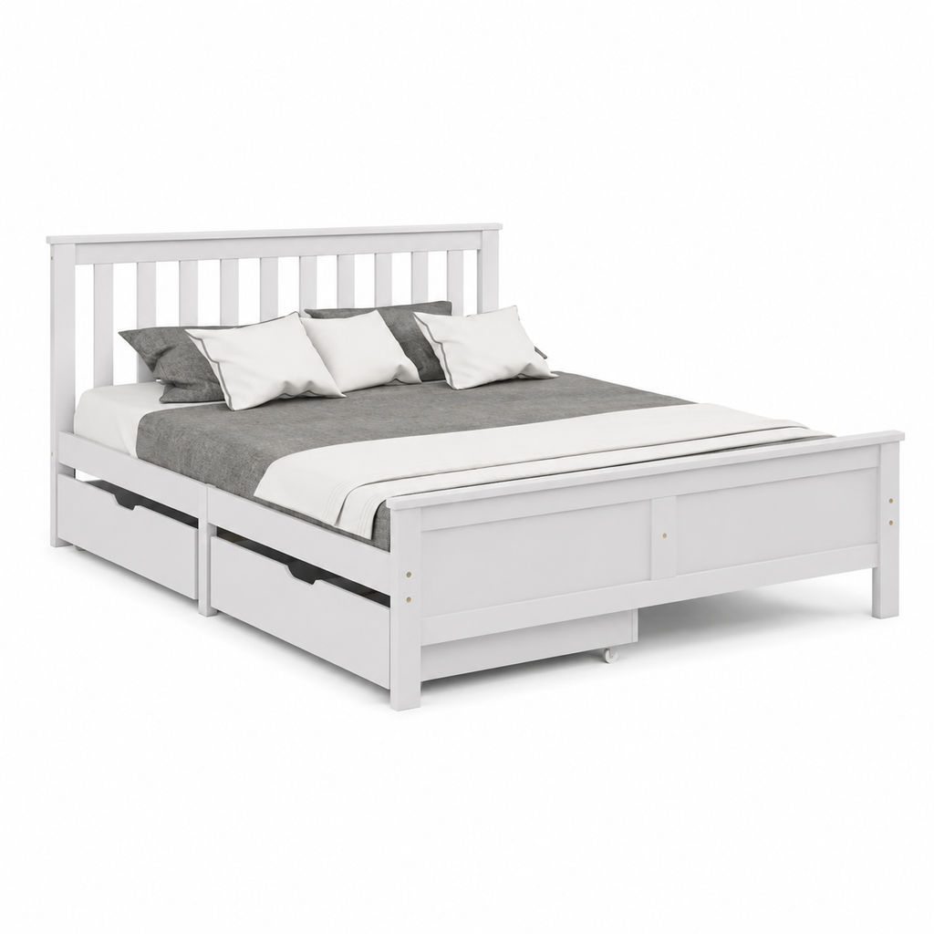 Storage Bed Frame – Solid Pine, 4 Drawers, White, Double 4ft6 (190×135cm)