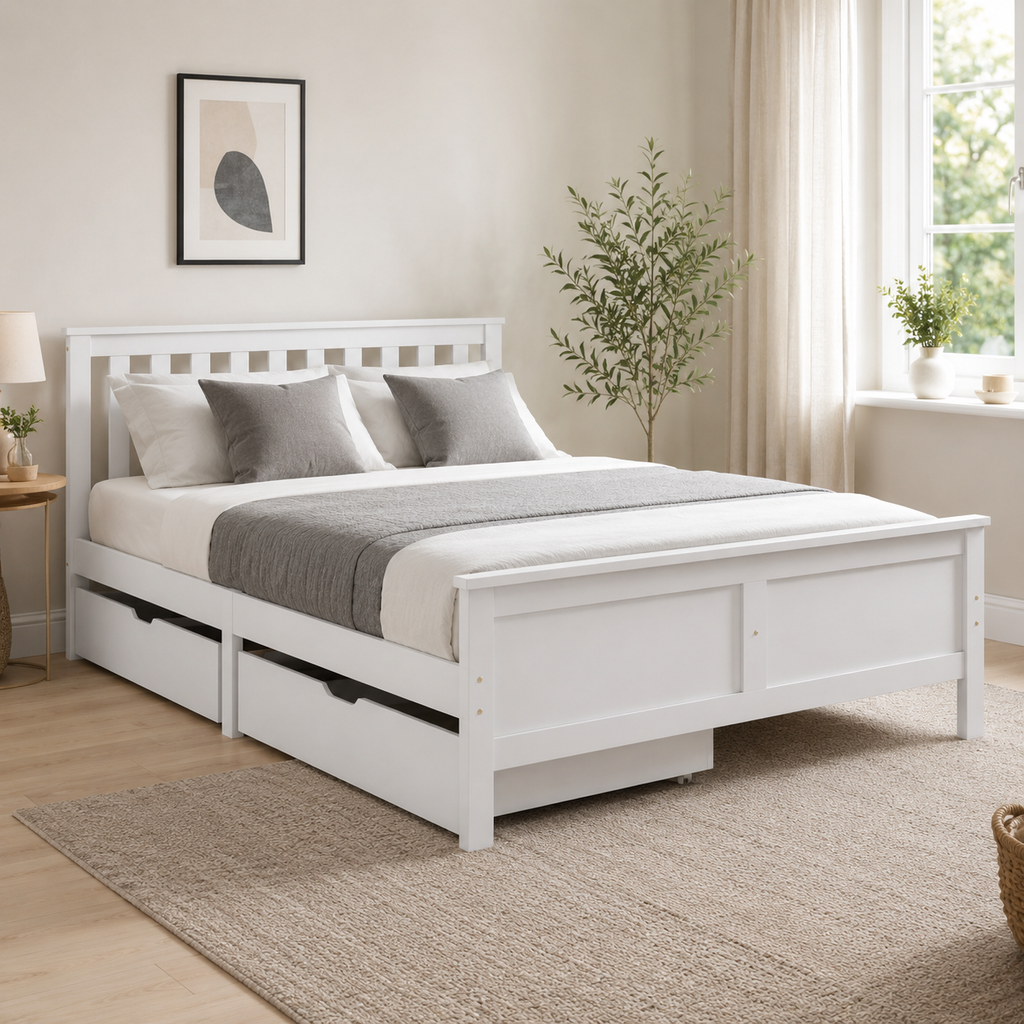 Storage Bed Frame – Solid Pine, 4 Drawers, White, Double 4ft6 (190×135cm)