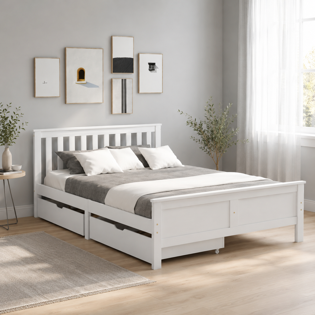 Storage Bed Frame – Solid Pine, 4 Drawers, White, Double 4ft6 (190×135cm)
