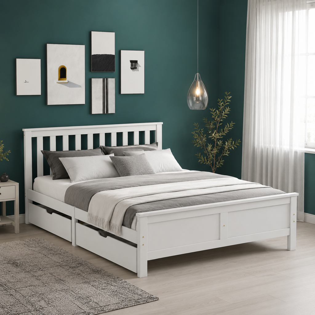 Storage Bed Frame – Solid Pine, 4 Drawers, White, Double 4ft6 (190×135cm)