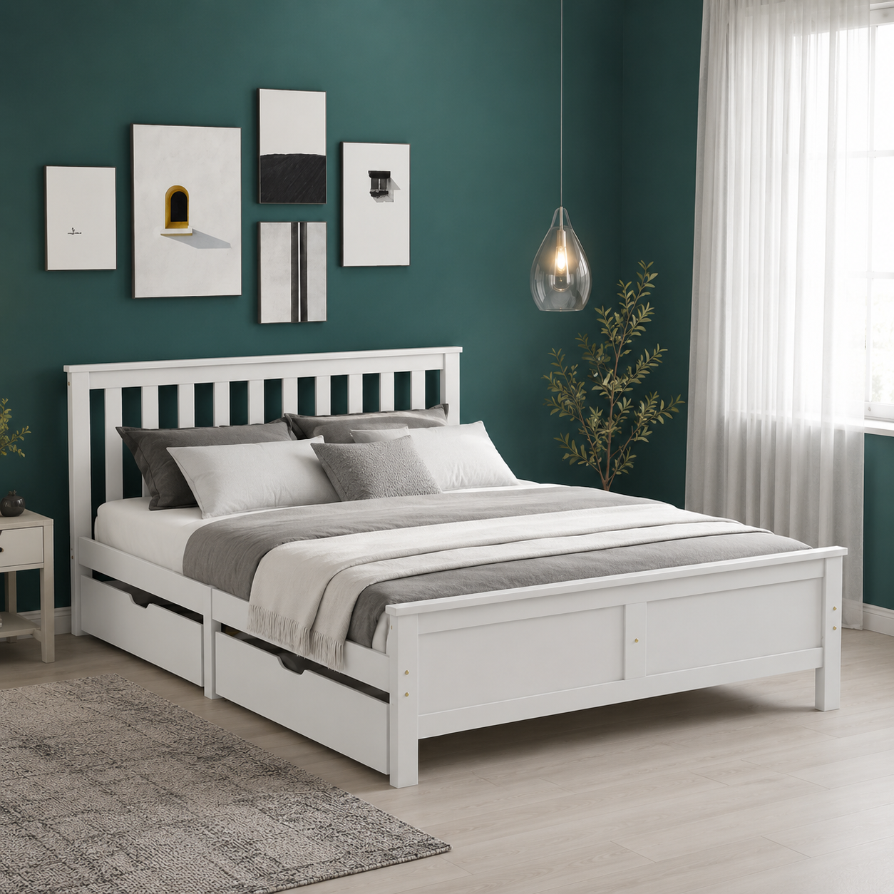 Storage Bed Frame – Solid Pine, 4 Drawers, White, Double 4ft6 (190×135cm)