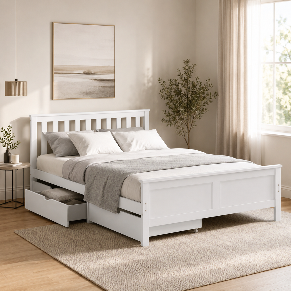 Storage Bed Frame – Solid Pine, 4 Drawers, White, Double 4ft6 (190×135cm)