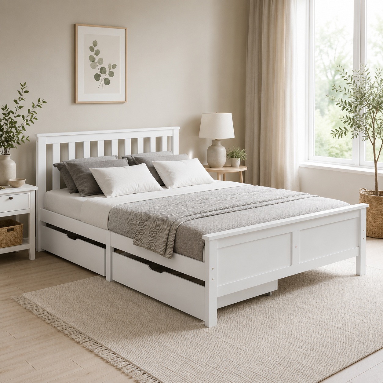 Storage Bed Frame – Solid Pine, 4 Drawers, White, Double 4ft6 (190×135cm)