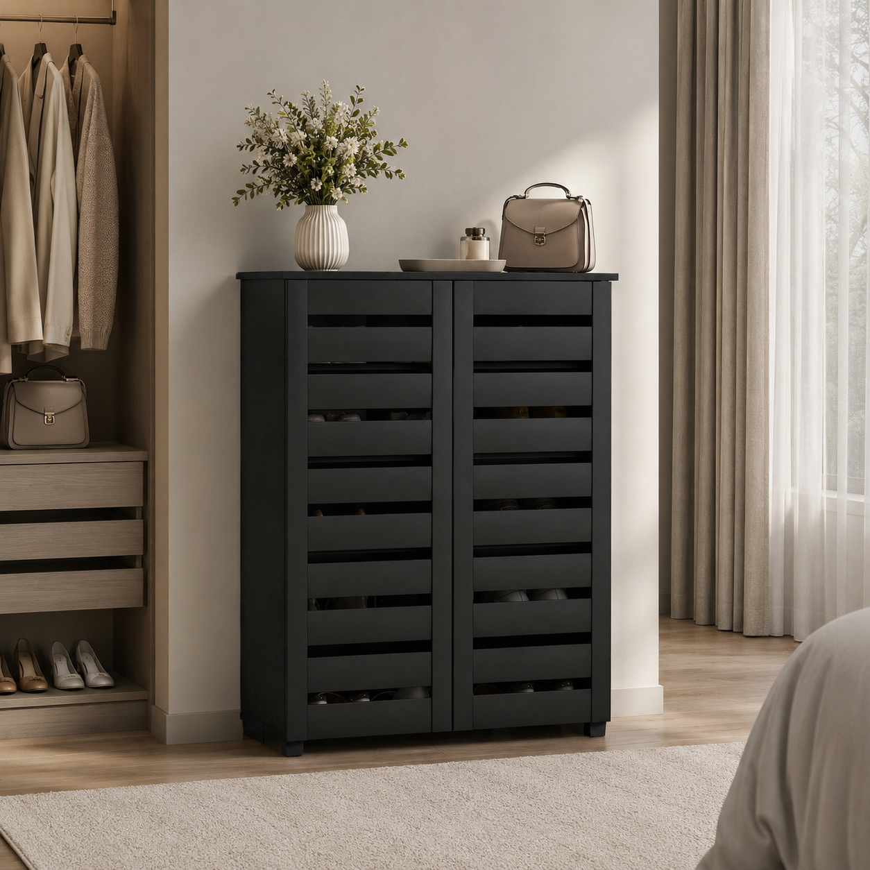 Shoe Cabinet – Slim, 5-Tier, Slatted Ventilated Doors, 15 Pairs