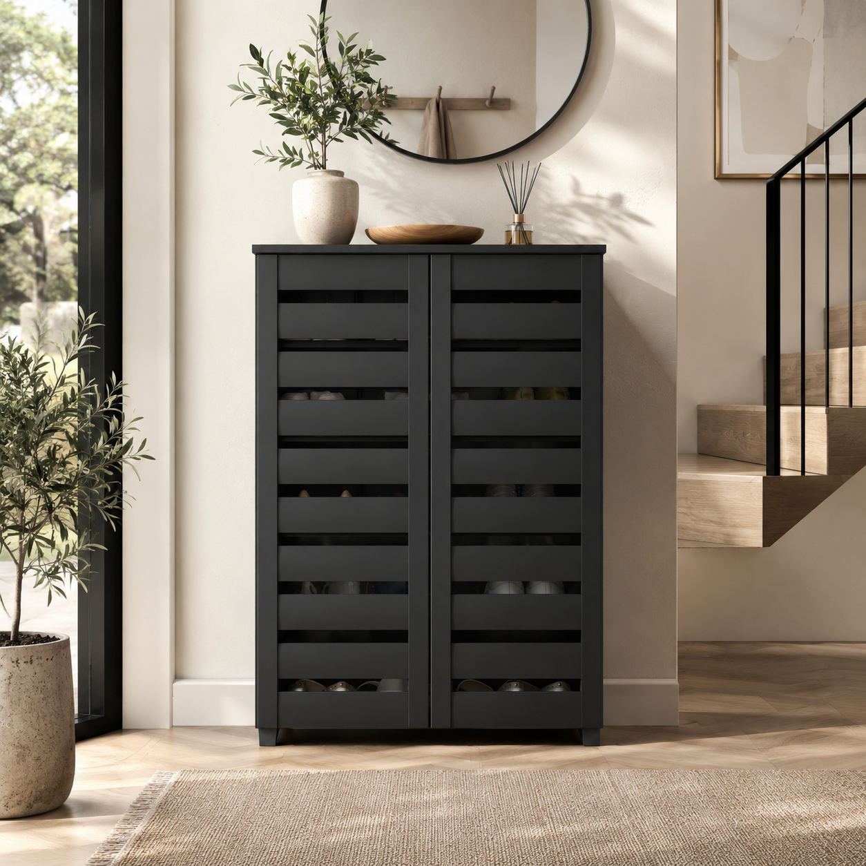 Shoe Cabinet – Slim, 5-Tier, Slatted Ventilated Doors, 15 Pairs