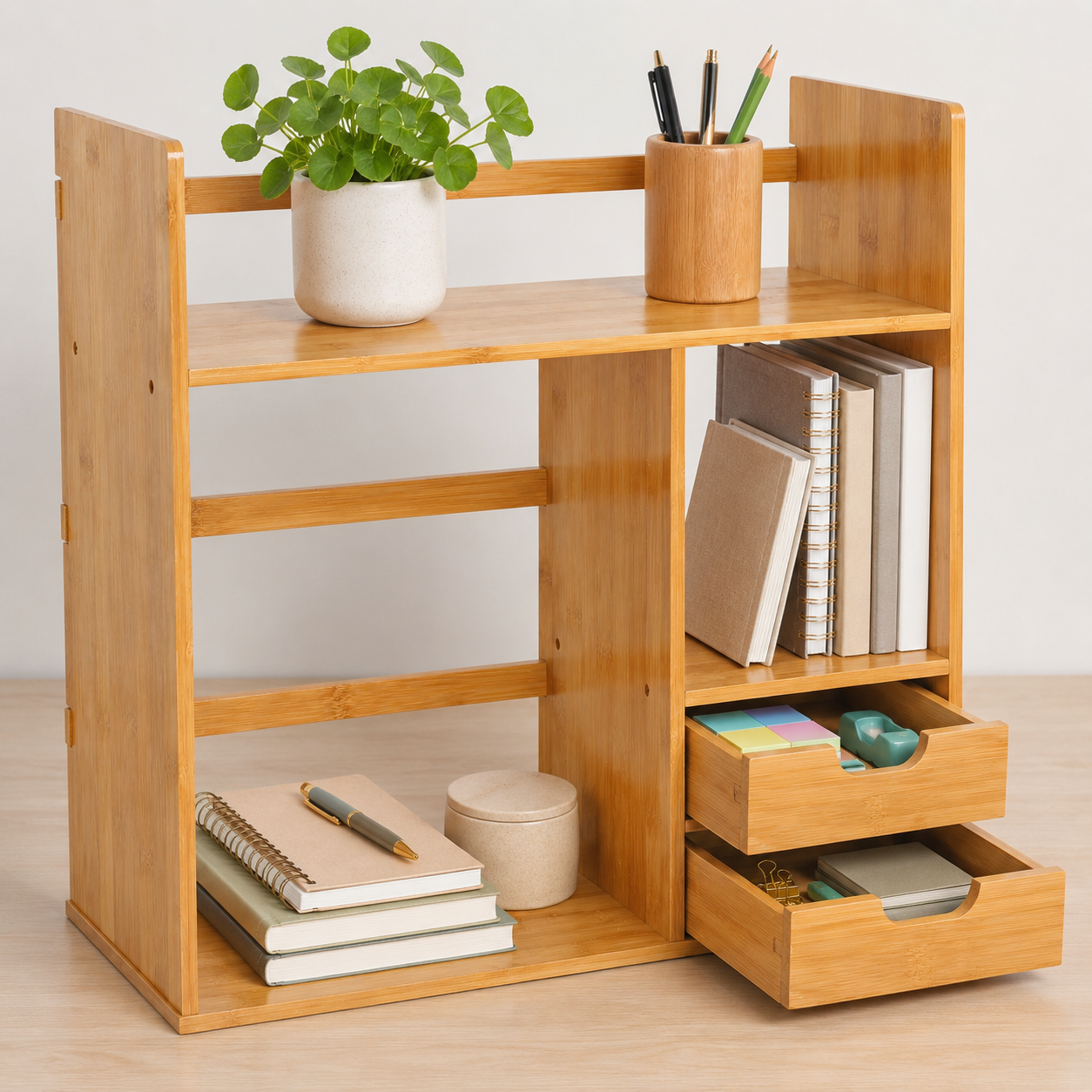 Desk Organiser – Bamboo, 2-Tier with Drawers, 2-Way Use