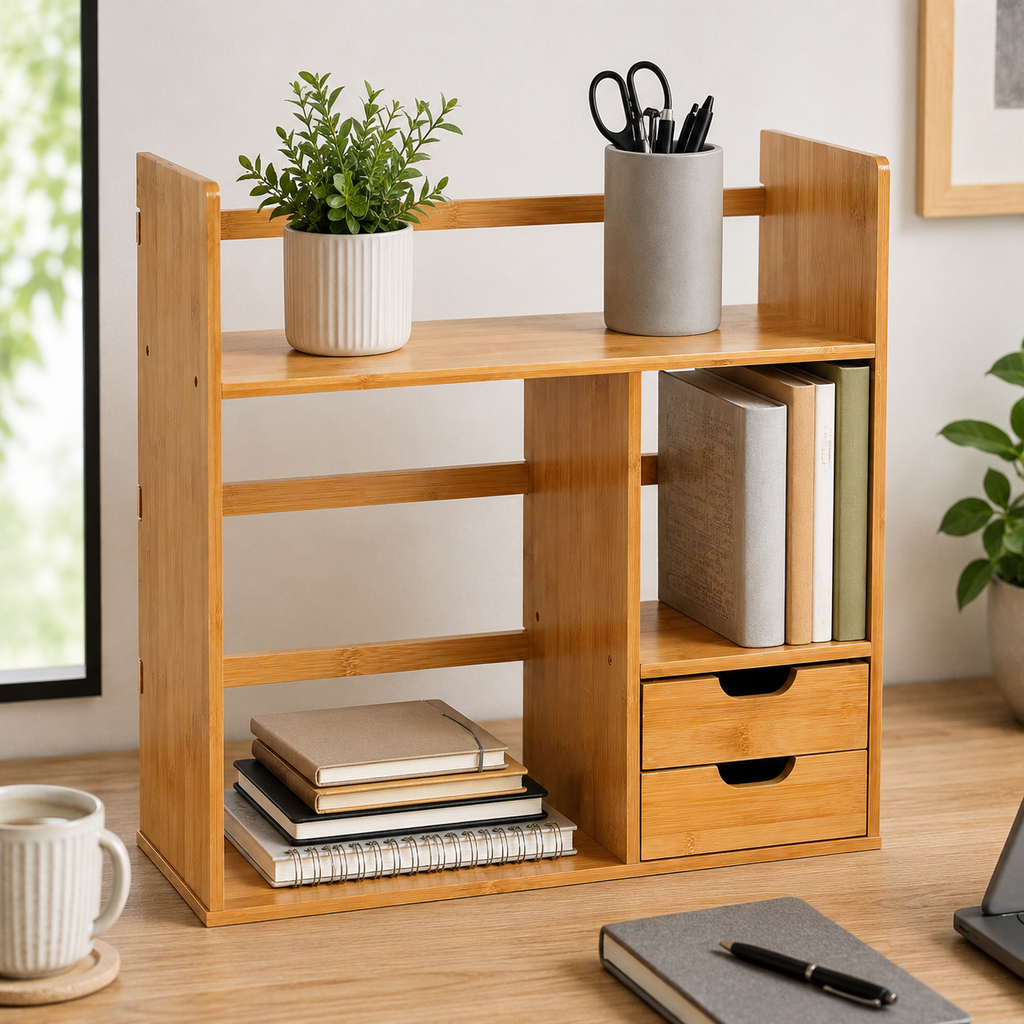 Desk Organiser – Bamboo, 2-Tier with Drawers, 2-Way Use