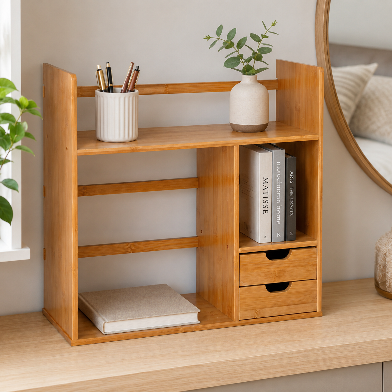 Desk Organiser – Bamboo, 2-Tier with Drawers, 2-Way Use