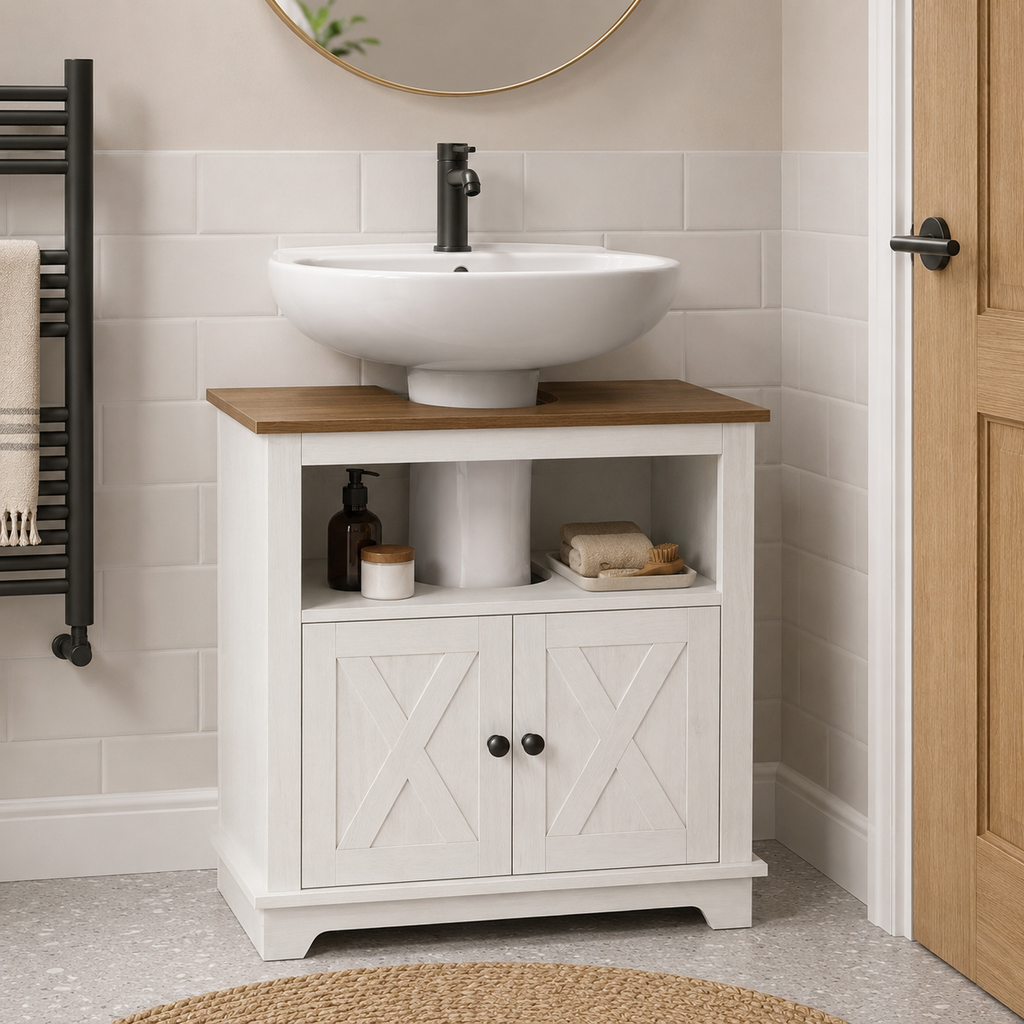 Under-Sink Cabinet – Kleankin, Double Doors & Shelves, White, 60×30×60cm