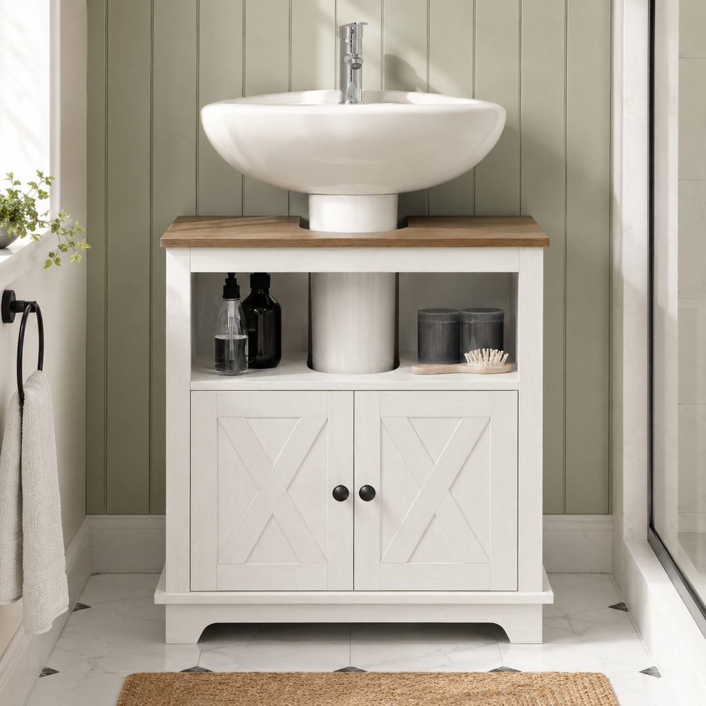 Under-Sink Cabinet – Kleankin, Double Doors & Shelves, White, 60×30×60cm