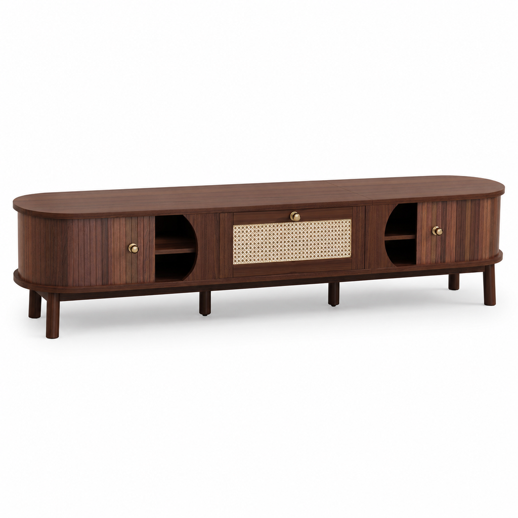 TV Cabinet – Solid Wood Doors & Rattan Drawers, Walnut-Effect, 170cm