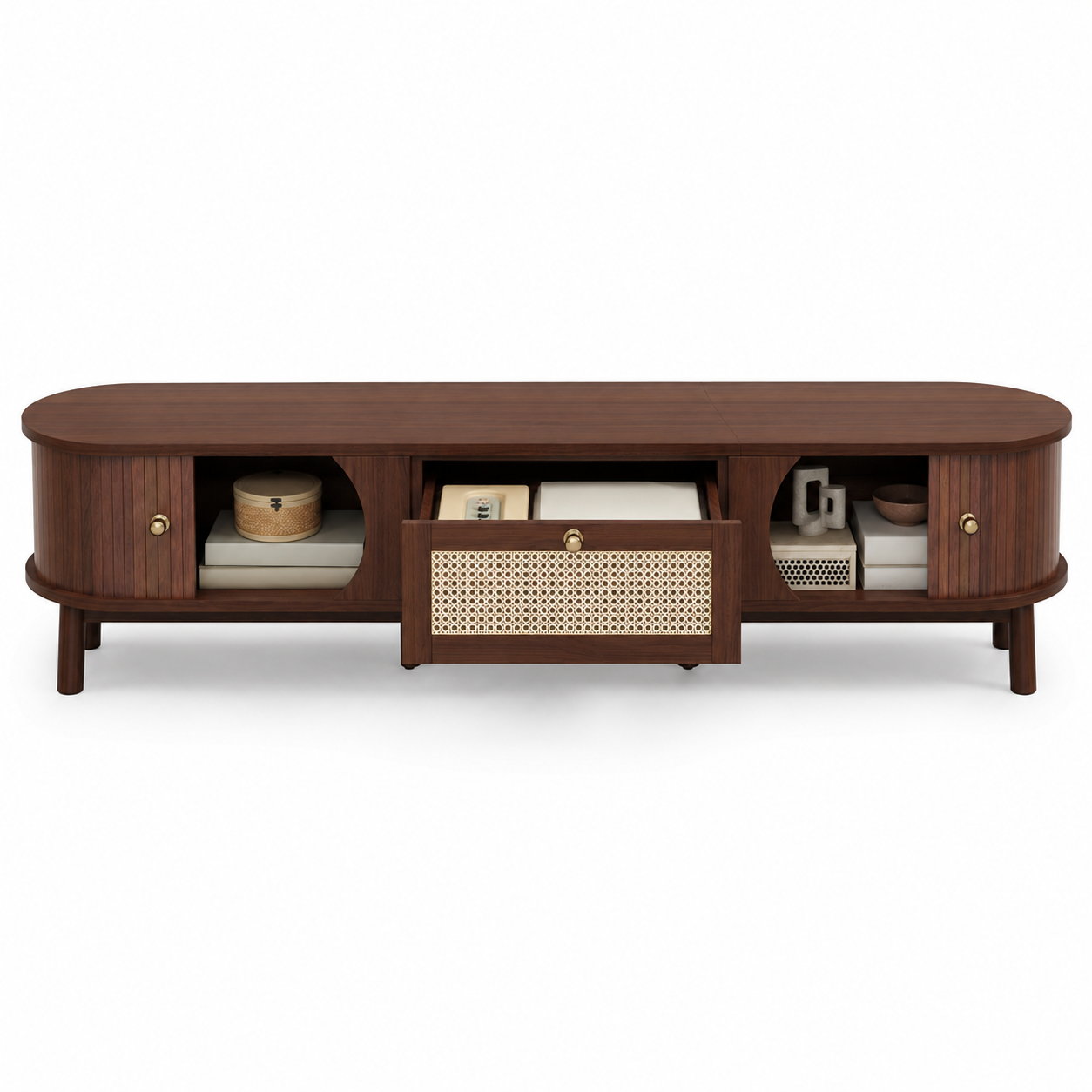 TV Cabinet – Solid Wood Doors & Rattan Drawers, Walnut-Effect, 170cm