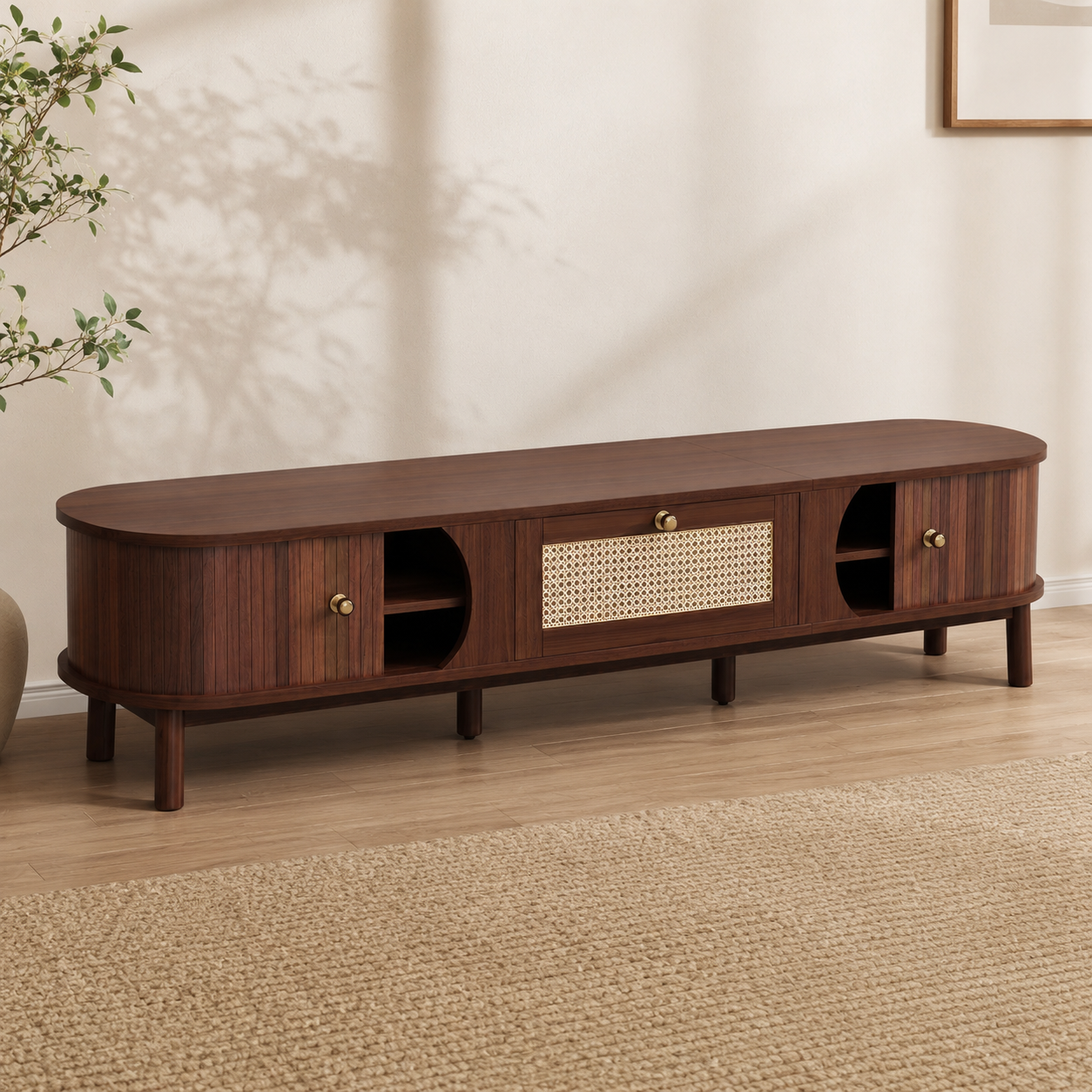 TV Cabinet – Solid Wood Doors & Rattan Drawers, Walnut-Effect, 170cm