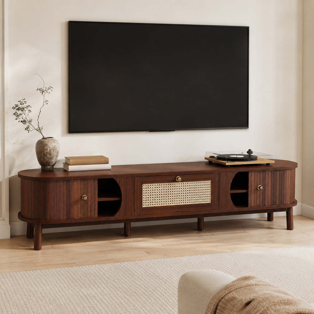 TV Cabinet – Solid Wood Doors & Rattan Drawers, Walnut-Effect, 170cm
