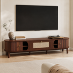 TV Cabinet – Solid Wood Doors & Rattan Drawers, Walnut-Effect, 170cm