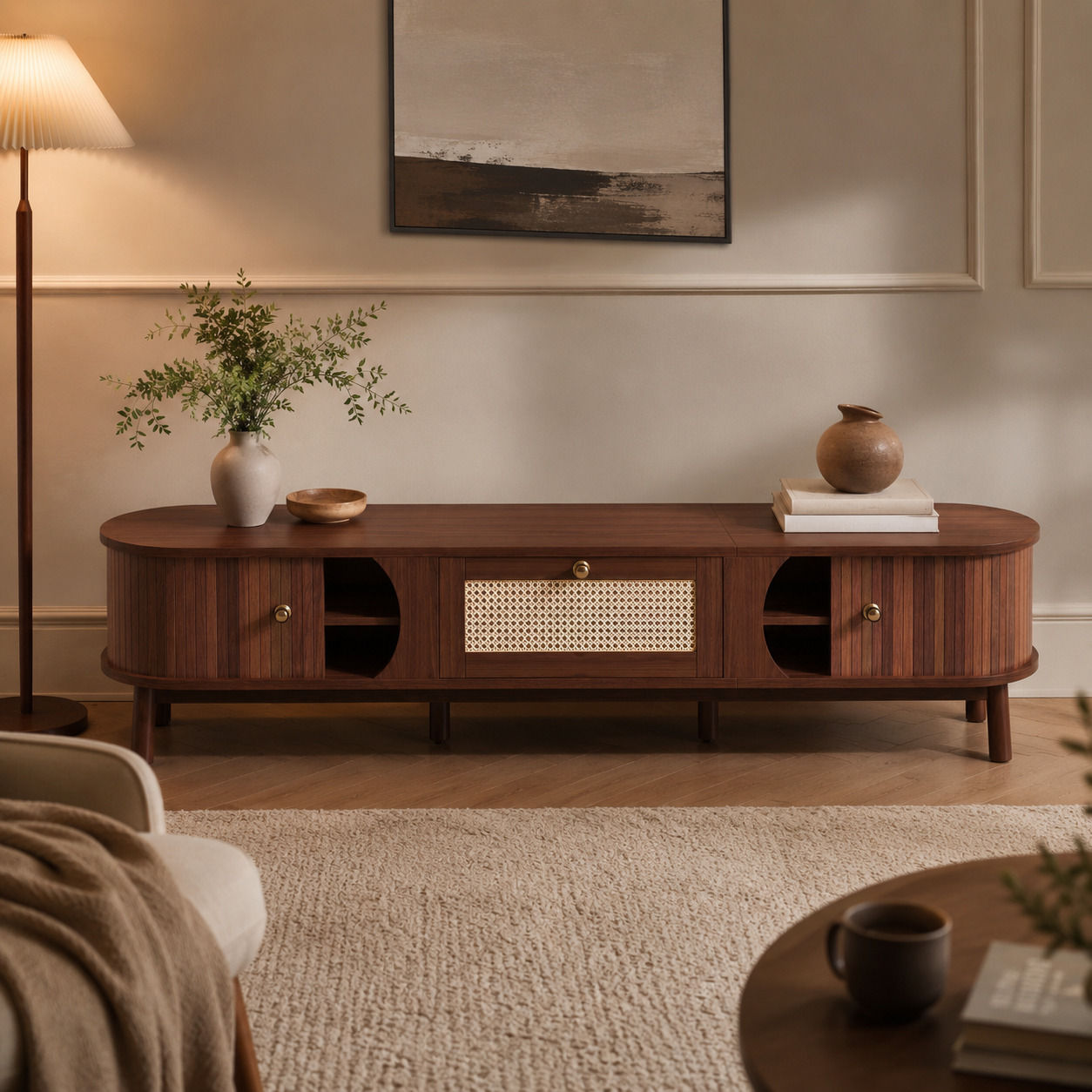 TV Cabinet – Solid Wood Doors & Rattan Drawers, Walnut-Effect, 170cm