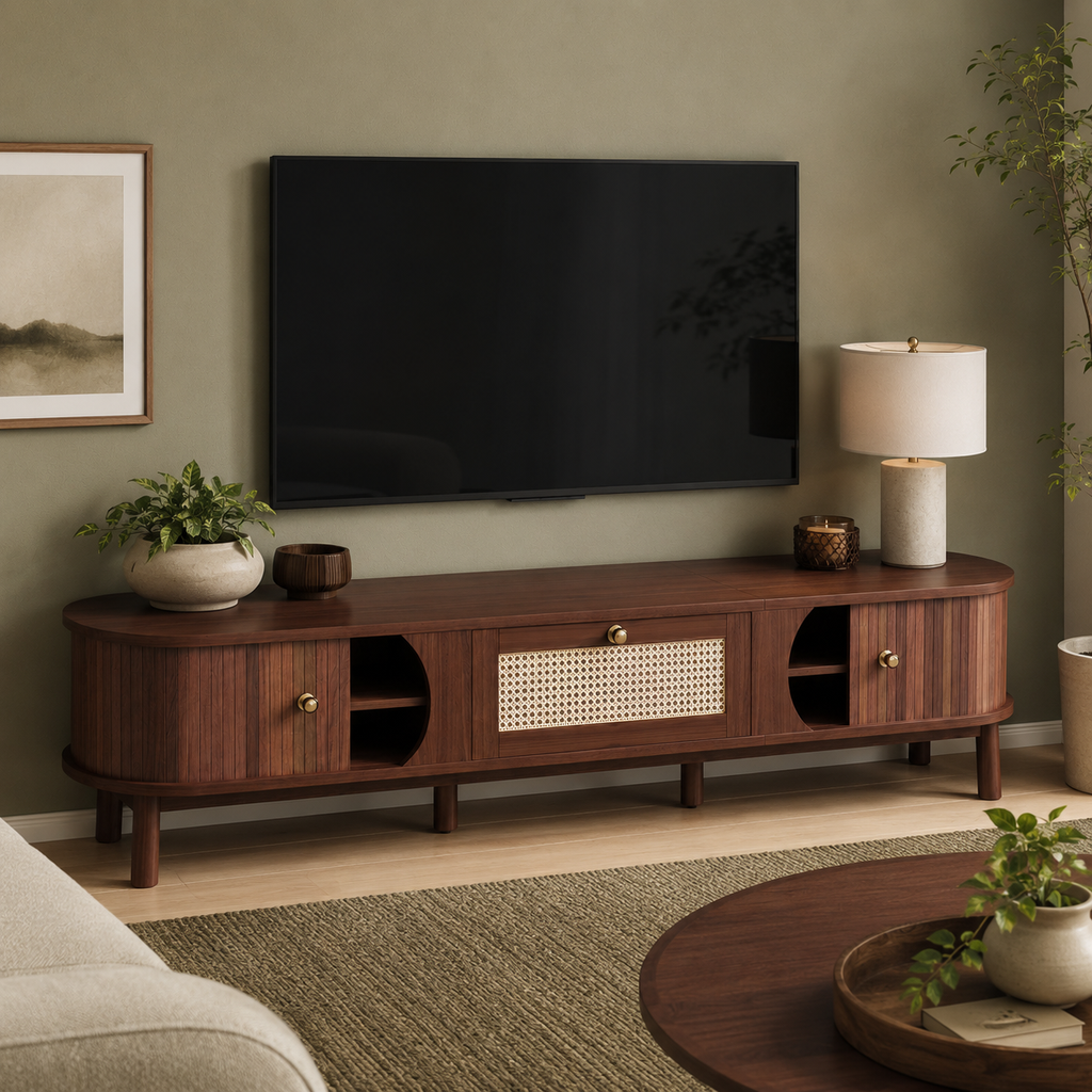 TV Cabinet – Solid Wood Doors & Rattan Drawers, Walnut-Effect, 170cm