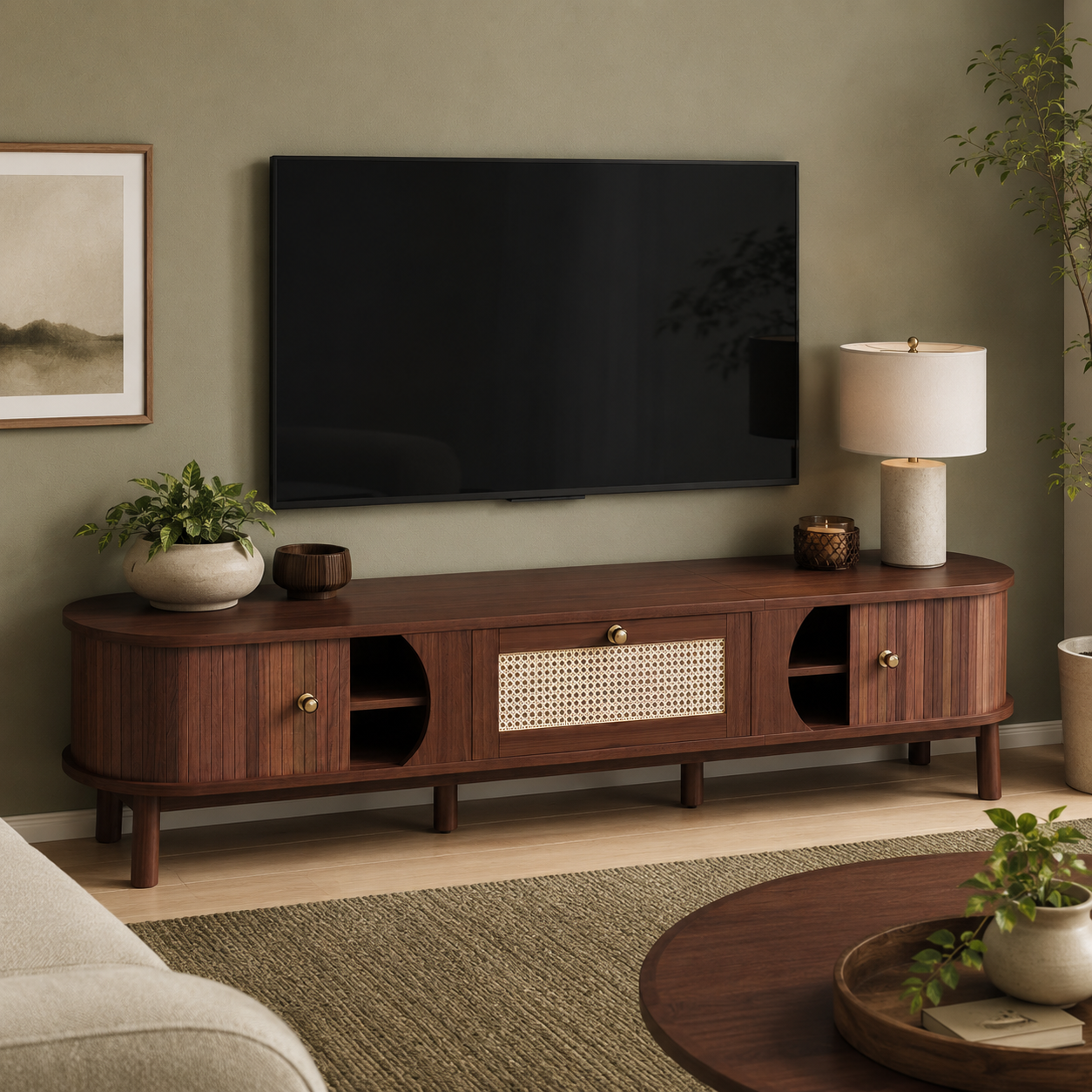 TV Cabinet – Solid Wood Doors & Rattan Drawers, Walnut-Effect, 170cm